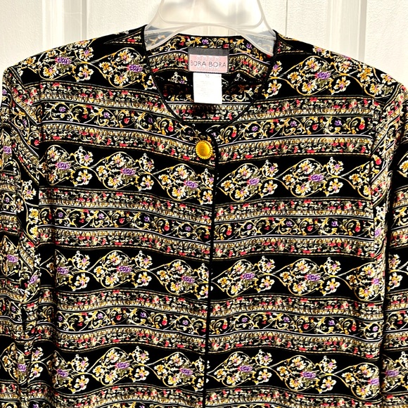 Vintage Bora Bora Black Multi Color Floral Print Long Sleeve Top Size PM - Picture 2 of 6